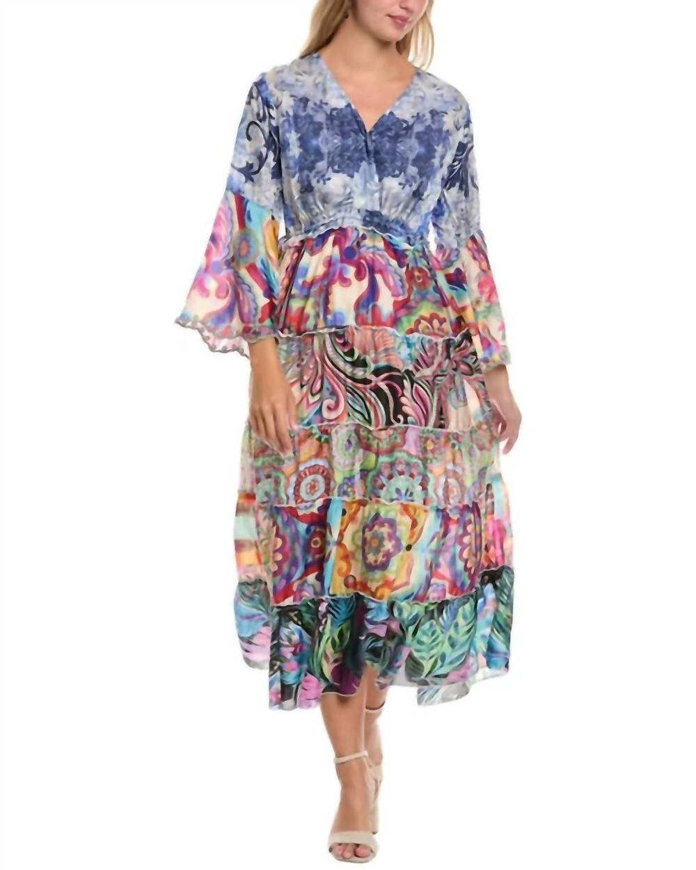 NEW JOHNNY WAS dibble tiered dress in denim lace
